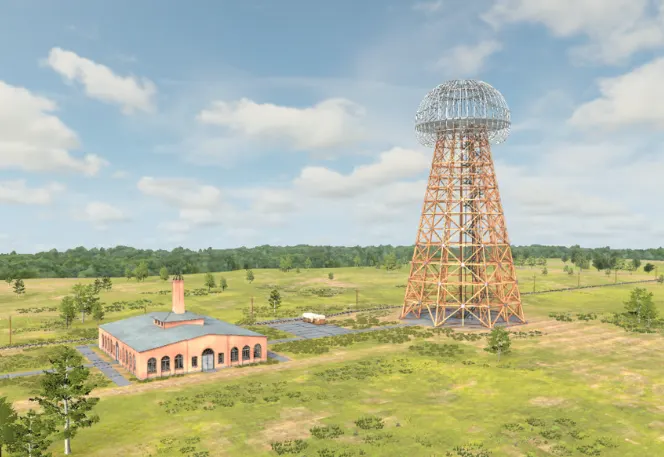 A render of Wardenclyffe Tower on open ground, its powerhouse beside it